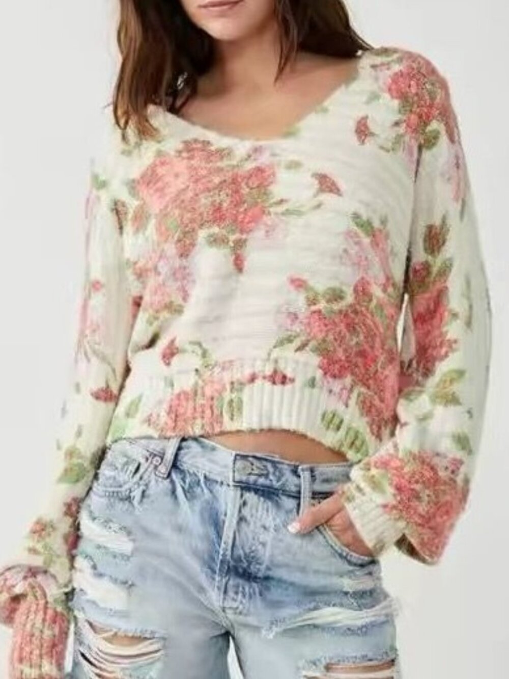 Free People Floral V-Neck Relaxed Sweater Large